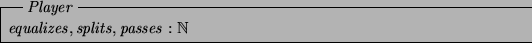 \begin{schema}{Player}
equalizes, splits, passes: \nat
\end{schema}