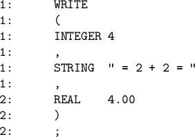 \begin{code}1: WRITE
1: (
1: INTEGER 4
1: ,
1: STRING '' = 2 + 2 = ''
1: ,
2: REAL 4.00
2: )
2: ;\end{code}