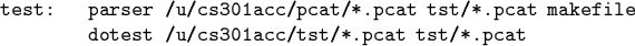\begin{code}test: parser /u/cs301acc/pcat/*.pcat tst/*.pcat makefile
dotest /u/cs301acc/tst/*.pcat tst/*.pcat\end{code}