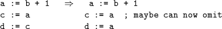 \begin{code}\cdmath
a := b + 1 $\Rightarrow$\space a := b + 1
c := a c := a ; maybe can now omit
d := c d := a\end{code}