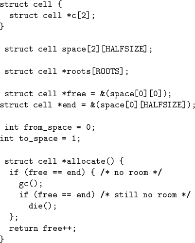 \begin{code}\cdmath
struct cell \{
struct cell *c[2];
\}
\par struct cell space...
... if (free == end) /* still no room */
die();
\};
return free++;
\}\end{code}