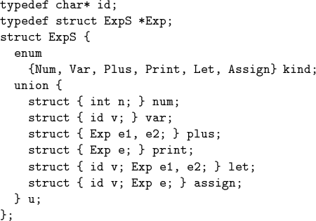 \begin{code}typedef char* id;
typedef struct ExpS *Exp;
struct ExpS \{
enum
\...
... v; Exp e1, e2; \} let;
struct \{ id v; Exp e; \} assign;
\} u;
\};
\end{code}