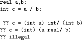 \begin{code}real a,b;
int c = a / b;
\par ?? c = (int a) int/ (int b)
?? c = (int) (a real/ b)
?? illegal\end{code}
