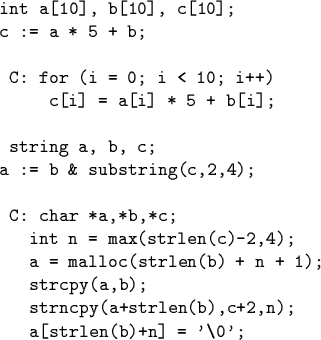 \begin{code}int a[10], b[10], c[10];
c := a * 5 + b;
\par C: for (i = 0; i < 10;...
...;
strcpy(a,b);
strncpy(a+strlen(b),c+2,n);
a[strlen(b)+n] = '\\ 0';\end{code}