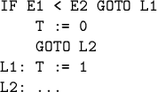 \begin{code}IF E1 < E2 GOTO L1
T := 0
GOTO L2
L1: T := 1
L2: ...\end{code}