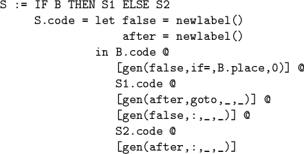 \begin{code}S := IF B THEN S1 ELSE S2
S.code = let false = newlabel()
after = ...
...ter,goto,_,_)] @
[gen(false,:,_,_)] @
S2.code @
[gen(after,:,_,_)] \end{code}