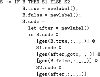 \begin{code}S := IF B THEN S1 ELSE S2
B.true = newlabel();
B.false = newlabel(...
...,goto,_,_)] @
[gen(B.false,:,_,_)] @
S2.code @
[gen(after,:,_,_)]
\end{code}