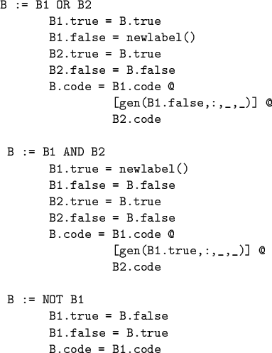 \begin{code}B := B1 OR B2
B1.true = B.true
B1.false = newlabel()
B2.true = B....
...r B := NOT B1
B1.true = B.false
B1.false = B.true
B.code = B1.code
\end{code}