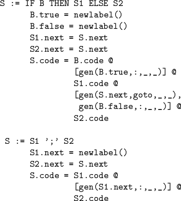 \begin{code}S := IF B THEN S1 ELSE S2
B.true = newlabel()
B.false = newlabel()...
...S2.next = S.next
S.code = S1.code @
[gen(S1.next,:,_,_)] @
S2.code
\end{code}