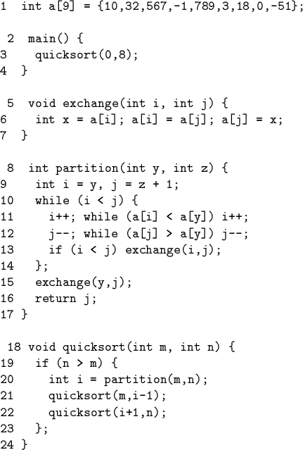 \begin{code}1 int a[9] = \{10,32,567,-1,789,3,18,0,-51\};
\par 2 main() \{
3 qui...
...partition(m,n);
21 quicksort(m,i-1);
22 quicksort(i+1,n);
23 \};
24 \}\end{code}