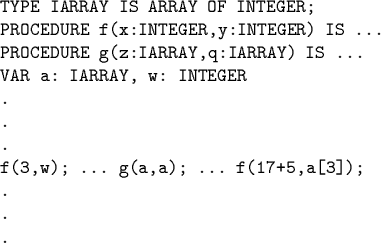 \begin{code}TYPE IARRAY IS ARRAY OF INTEGER;
PROCEDURE f(x:INTEGER,y:INTEGER) IS...
... IARRAY, w: INTEGER
.
.
.
f(3,w); ... g(a,a); ... f(17+5,a[3]);
.
.
.
\end{code}