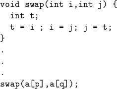 \begin{code}void swap(int i,int j) \{
int t;
t = i ; i = j; j = t;
\}
.
.
.
swap(a[p],a[q]);\end{code}