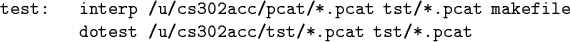 \begin{code}test: interp /u/cs302acc/pcat/*.pcat tst/*.pcat makefile
dotest /u/cs302acc/tst/*.pcat tst/*.pcat\end{code}