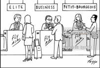 Cartoon: Airline check-in counters signed
                    Elite, Business, and Petit-Bourgeois