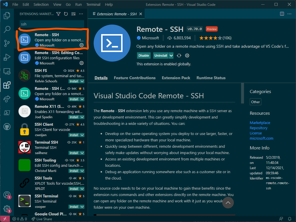 Searching the VS Code Extensions marketplace for the Remote - SSH extension and installing it