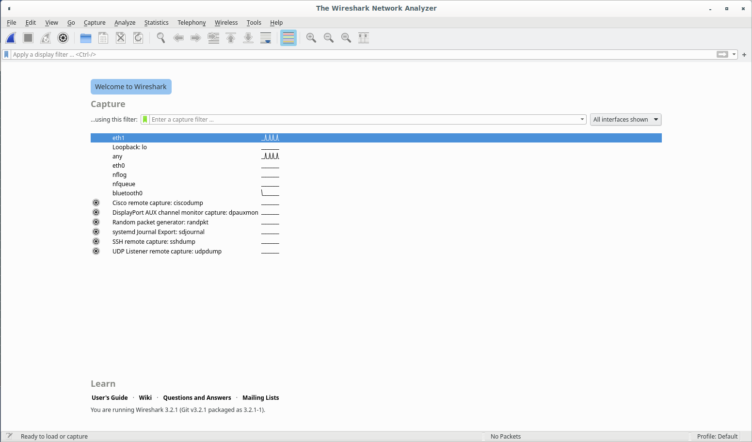 Wireshark welcome screen showing the list of available network interfaces with a capture filter input field at the bottom of the window