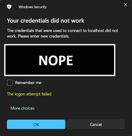 Remote Desktop dialog showing a repeated credential/login failure