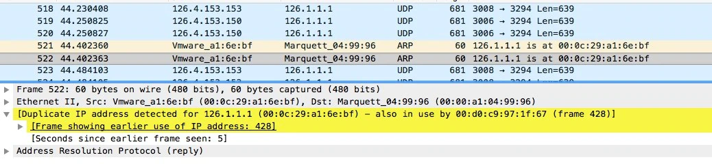Wireshark ARP spoof alert: central station IP 126.1.1.1 now resolves to MAC 00:0c:29:a1:6e:bf (the Kali attacker VM), highlighted as a duplicate IP-MAC mapping