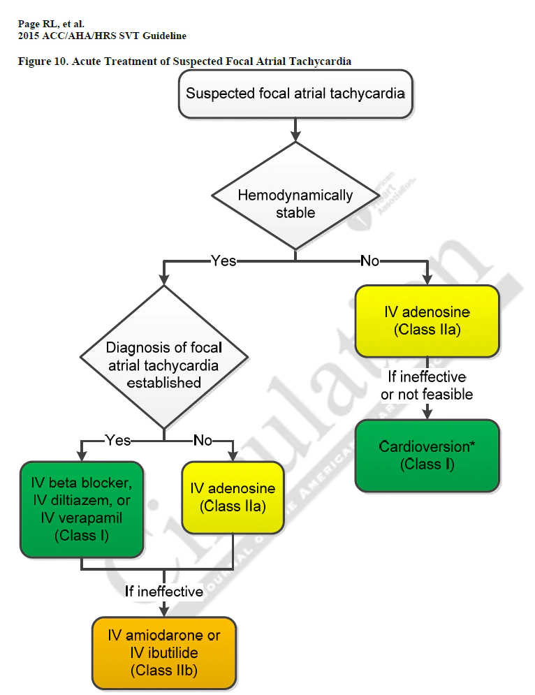 AHA/ACC clinical decision tree for intermittent cardiac rhythms: hemodynamically stable leads to focal atrial tachycardia diagnosis and medication prescription
