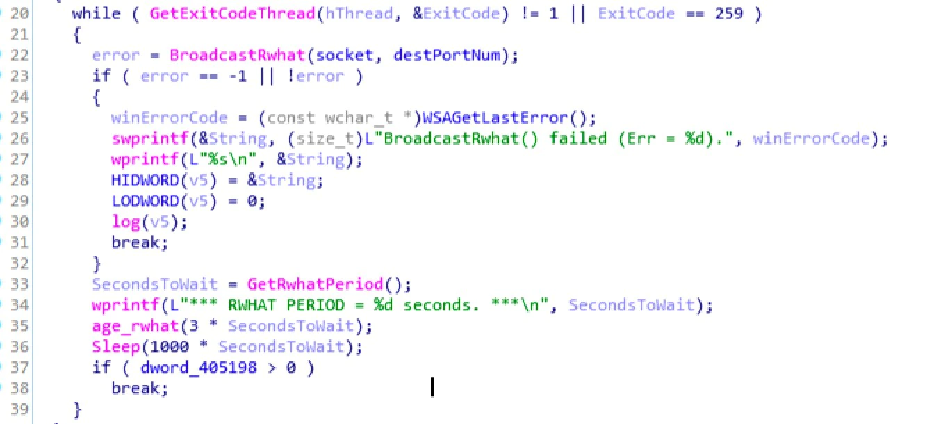 Decompiled C code showing a loop that calls a Rwhat broadcast function then calls a sleep function, confirming the 10-second interval between UDP broadcasts