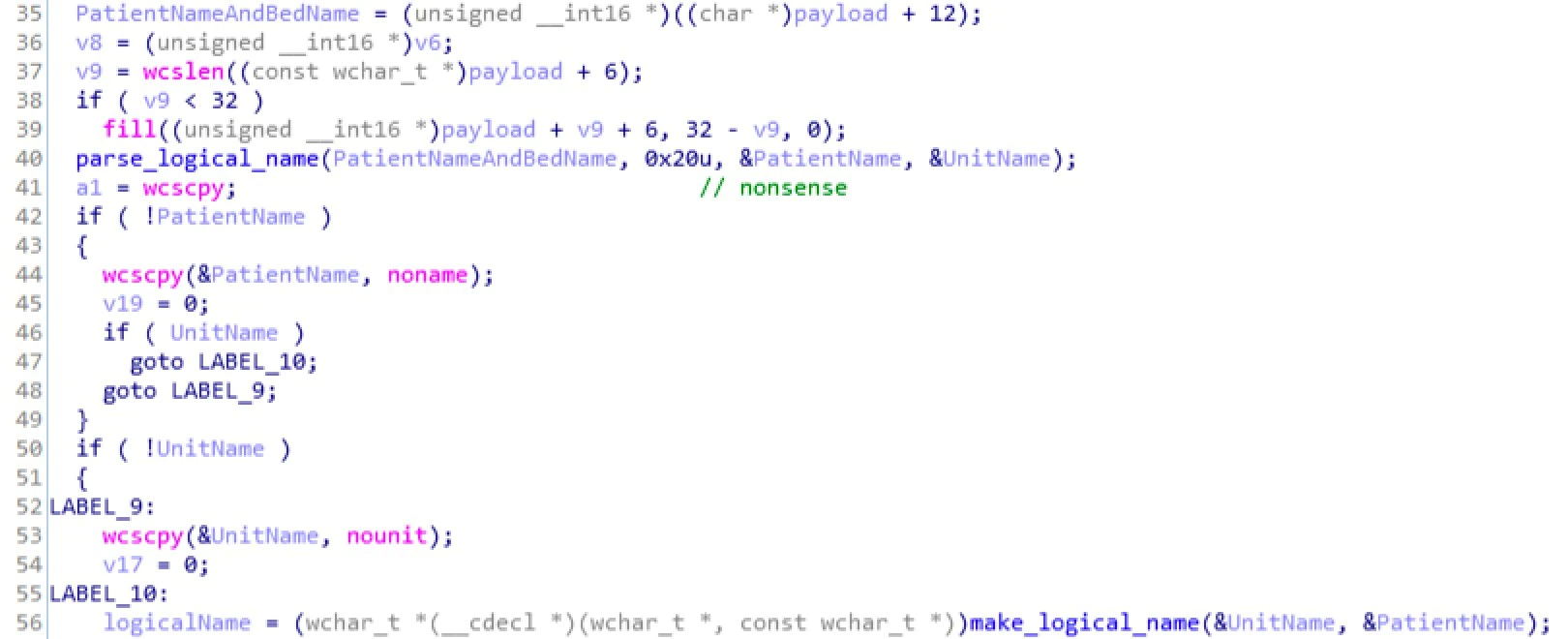 Decompiled C code parsing patient monitor broadcast packets, reading payload at offset +12 bytes and passing it to parse_logical_name with a 0x20 (32-byte) maximum length