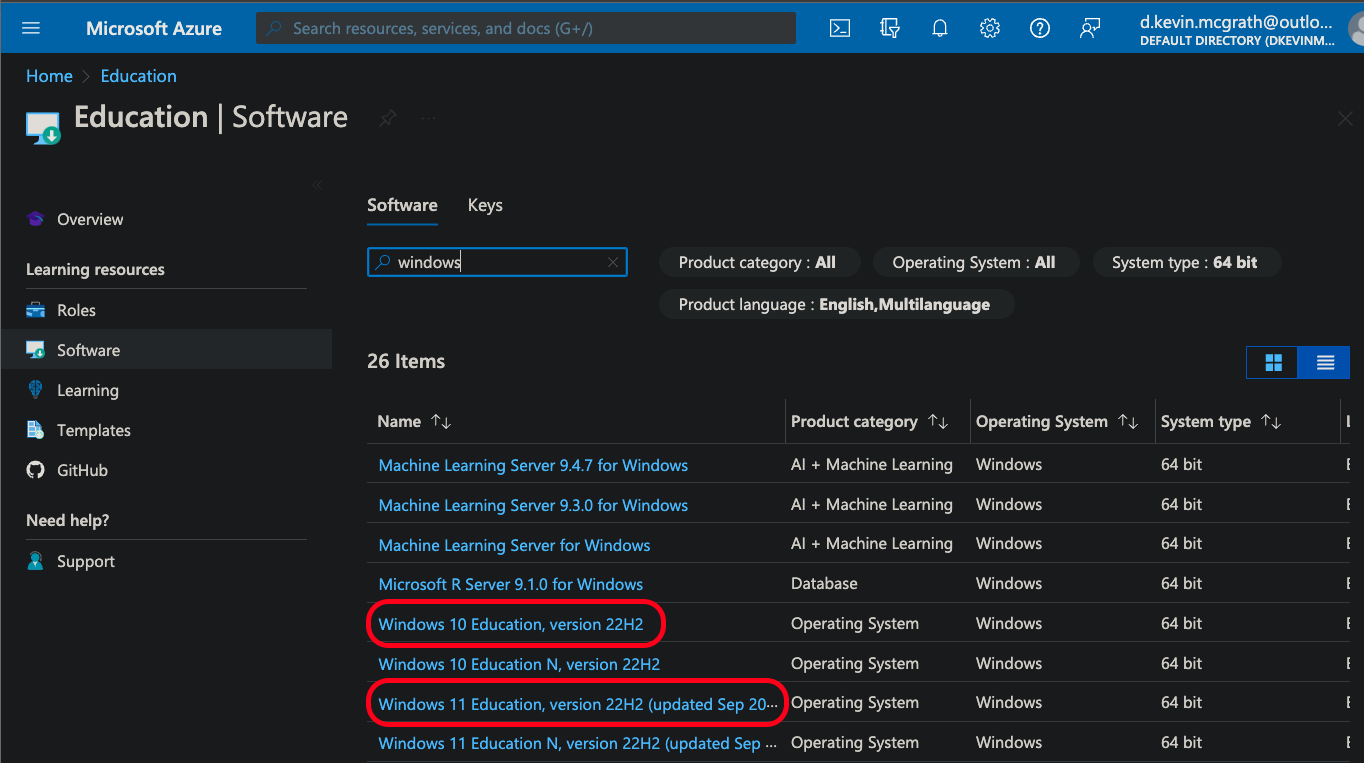 Azure Dev Tools for Teaching portal showing Windows 10/11 Education license key download