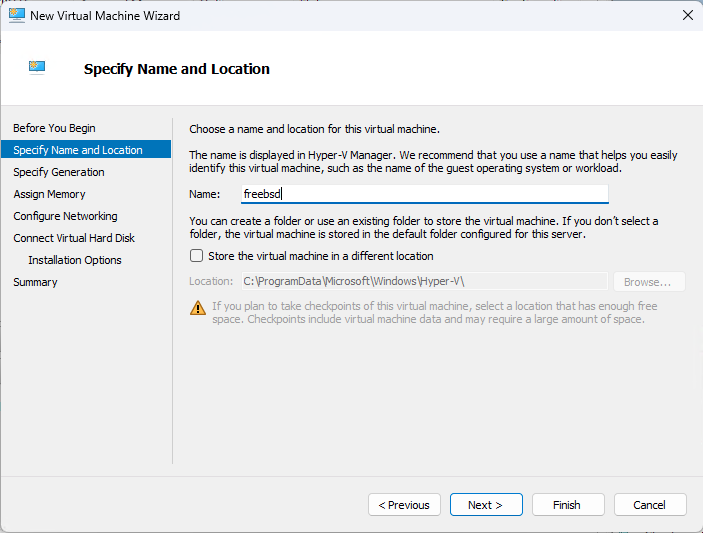 Hyper-V VM Name and Location dialog with name field and optional storage path