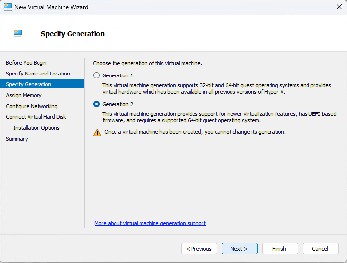 Hyper-V Specify Generation dialog with Generation 2 radio button selected