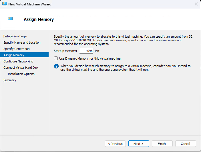 Hyper-V Assign Memory dialog showing 4096 MB startup RAM field