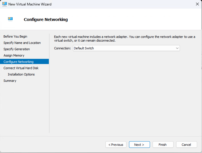 Hyper-V Configure Networking dialog with Default Switch selected