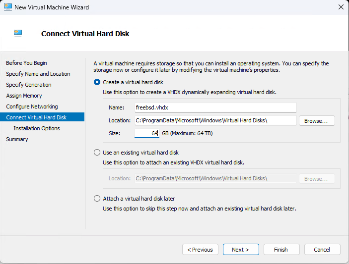 Hyper-V Connect Virtual Hard Disk dialog showing 64 GB new VHD path