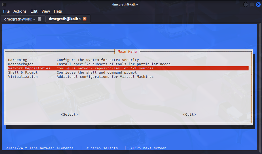kali-tweaks Network Repositories menu with the "Network Repositories" option highlighted