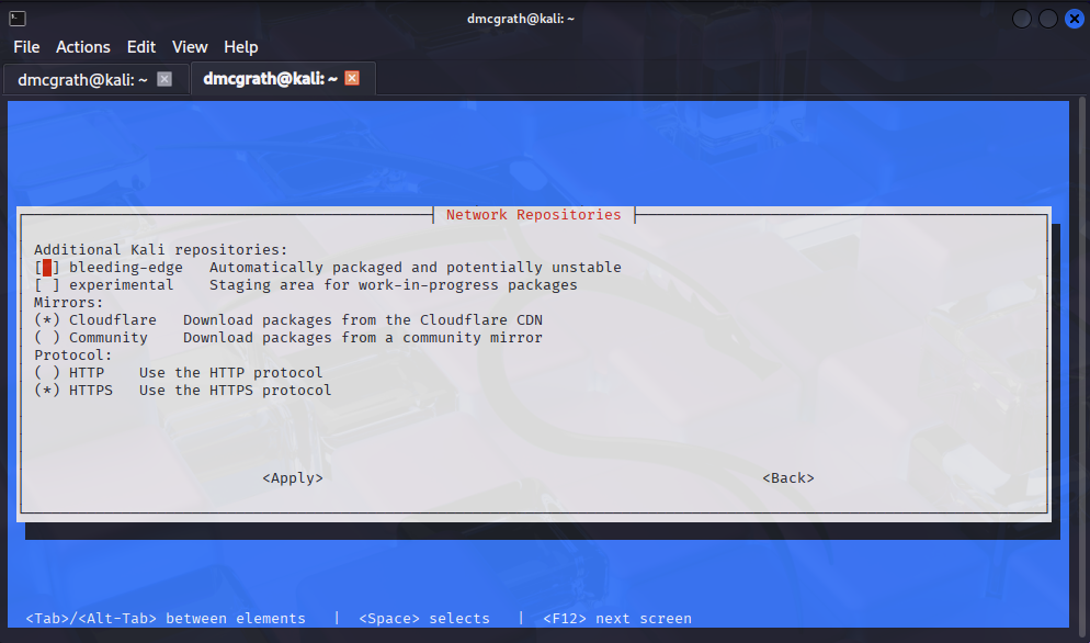 Kali mirror selection screen with Cloudflare CDN and HTTPS-only mirrors highlighted