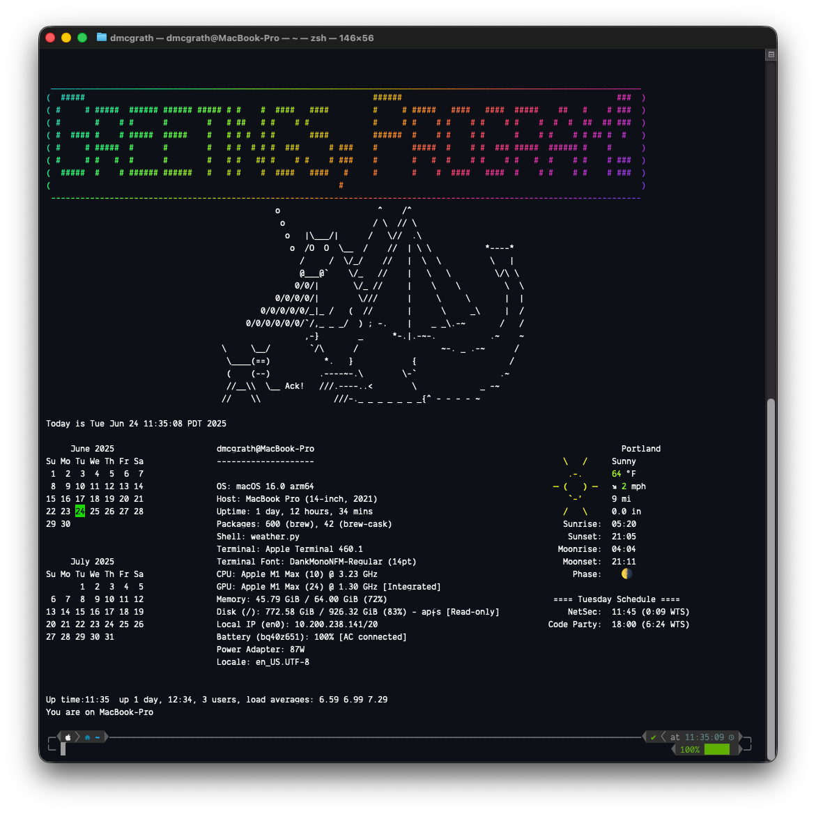 Terminal window after setup completes, showing the zsh prompt in a dark-themed terminal
