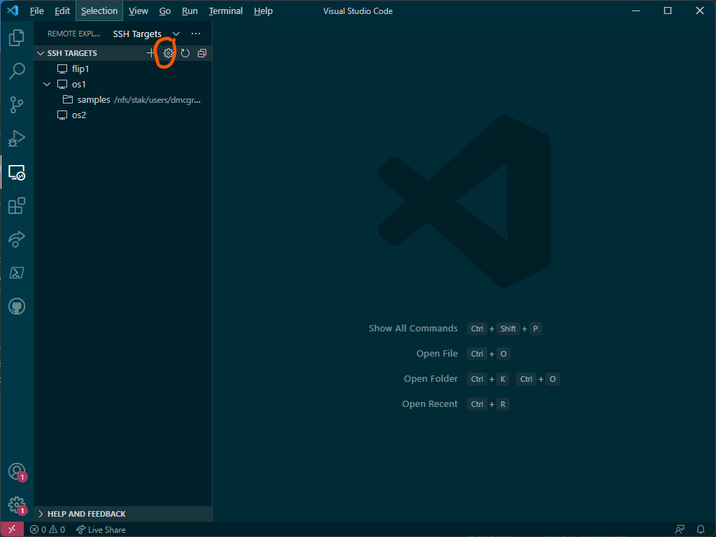 VS Code Remote Explorer panel listing configured SSH hosts, with the SSH configuration gear icon highlighted