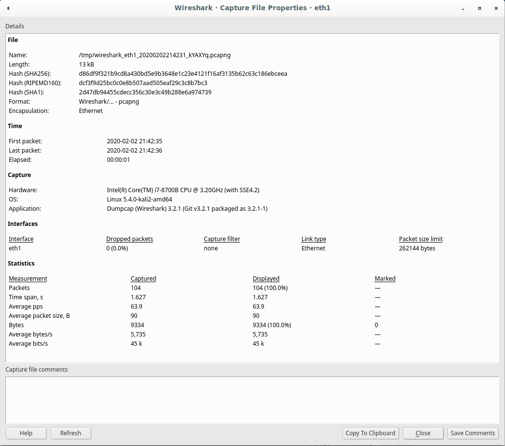 Wireshark capture file properties dialog showing statistics including packet count, capture duration, file size, and average byte and bit rates