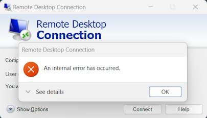 Remote Desktop error where the connection begins and then immediately errors out