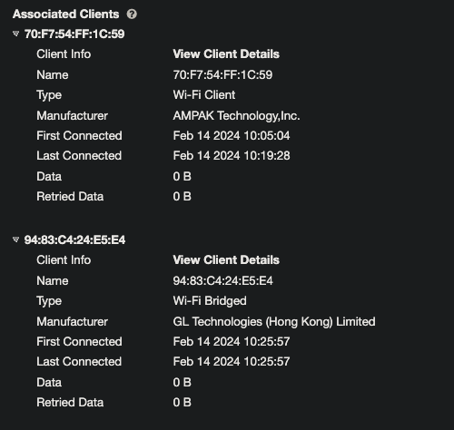 Kismet WiFi tab showing the Associated Clients list with two connected devices