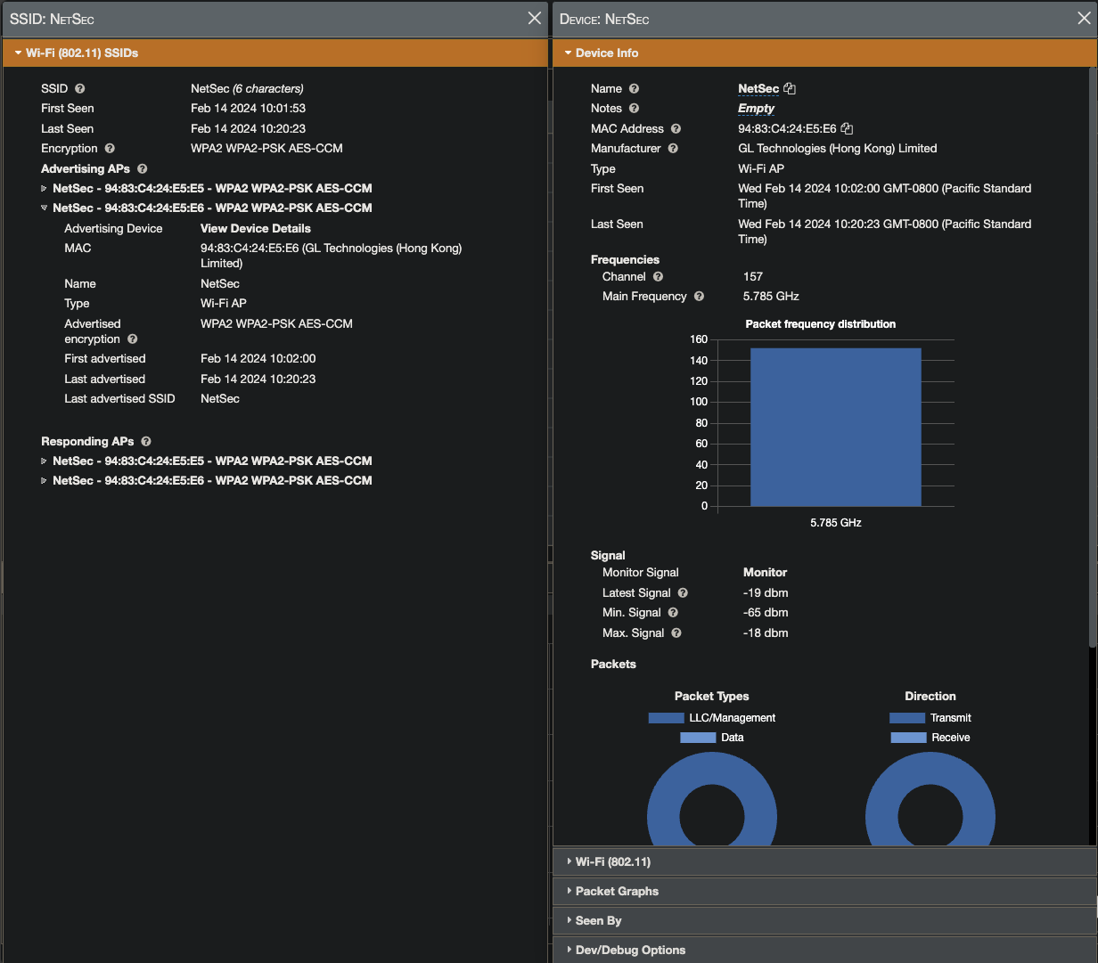 Kismet device details panel for the NetSec SSID showing signal strength, channel, and encryption type