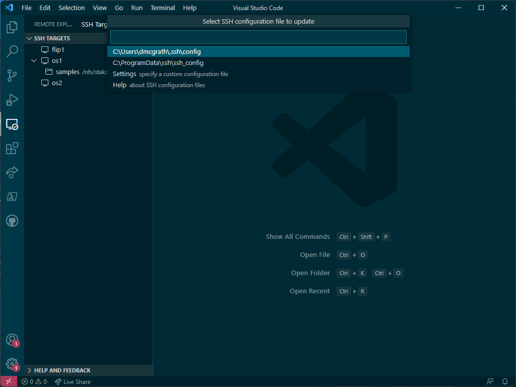 VS Code prompt asking which SSH config file to open, with the home-directory config selected