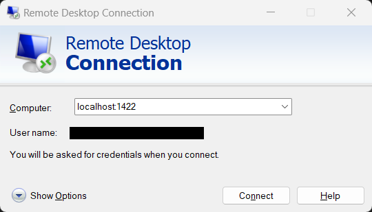 Windows Remote Desktop Connection dialog with the Computer field set to localhost:1422