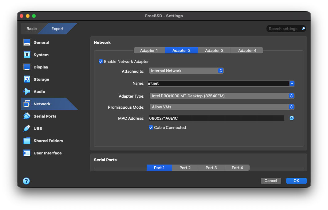 network adapter 2 settings