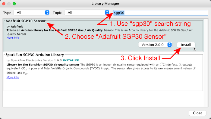 Select and install the Adafruit SGP30 sensor library