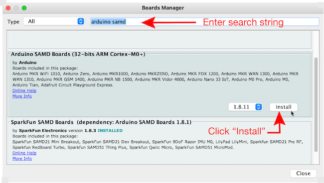 Arduino Board Manager, install Arduino SAMD