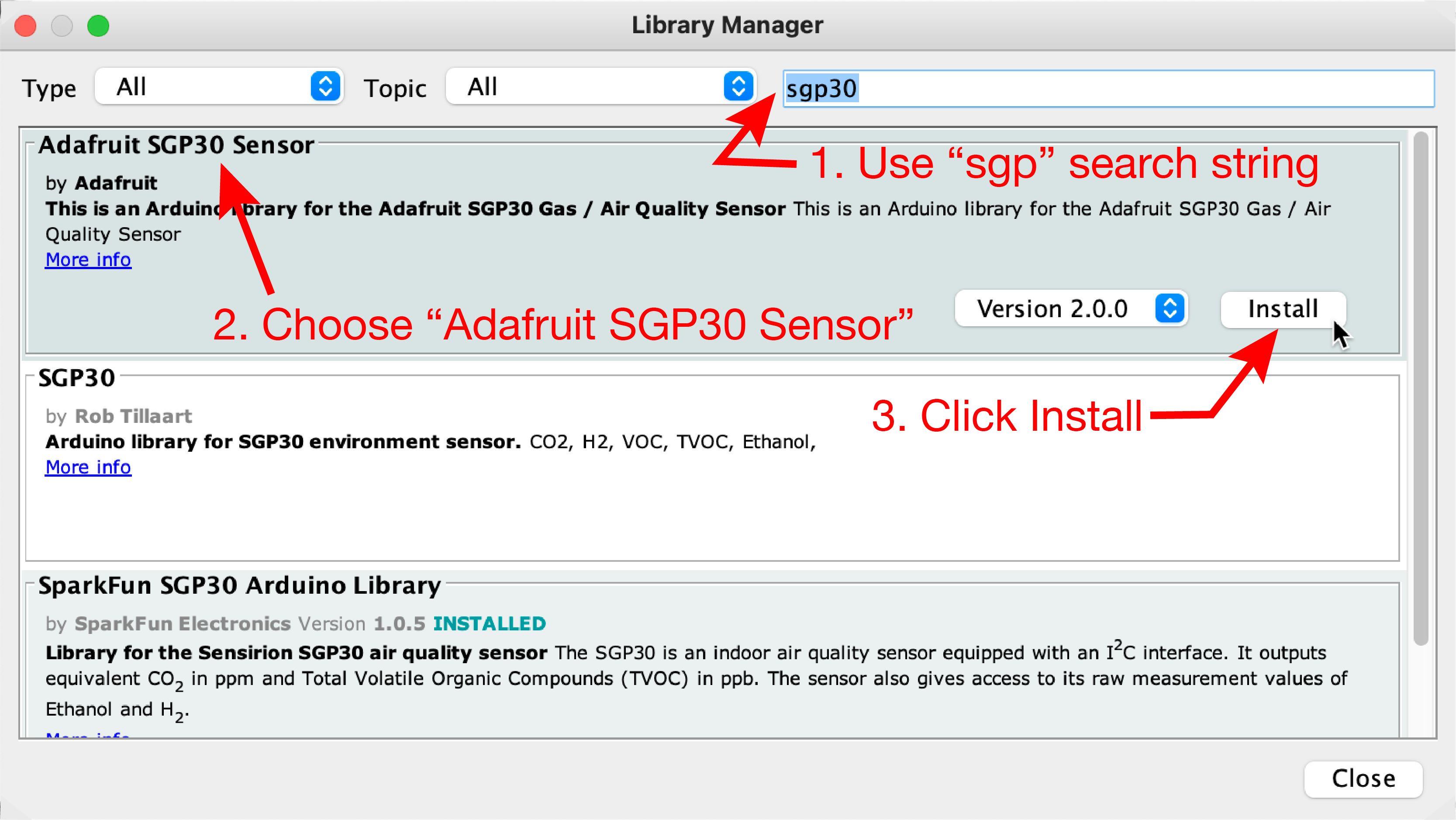 Select and install the Adafruit SGP30 Sensor library