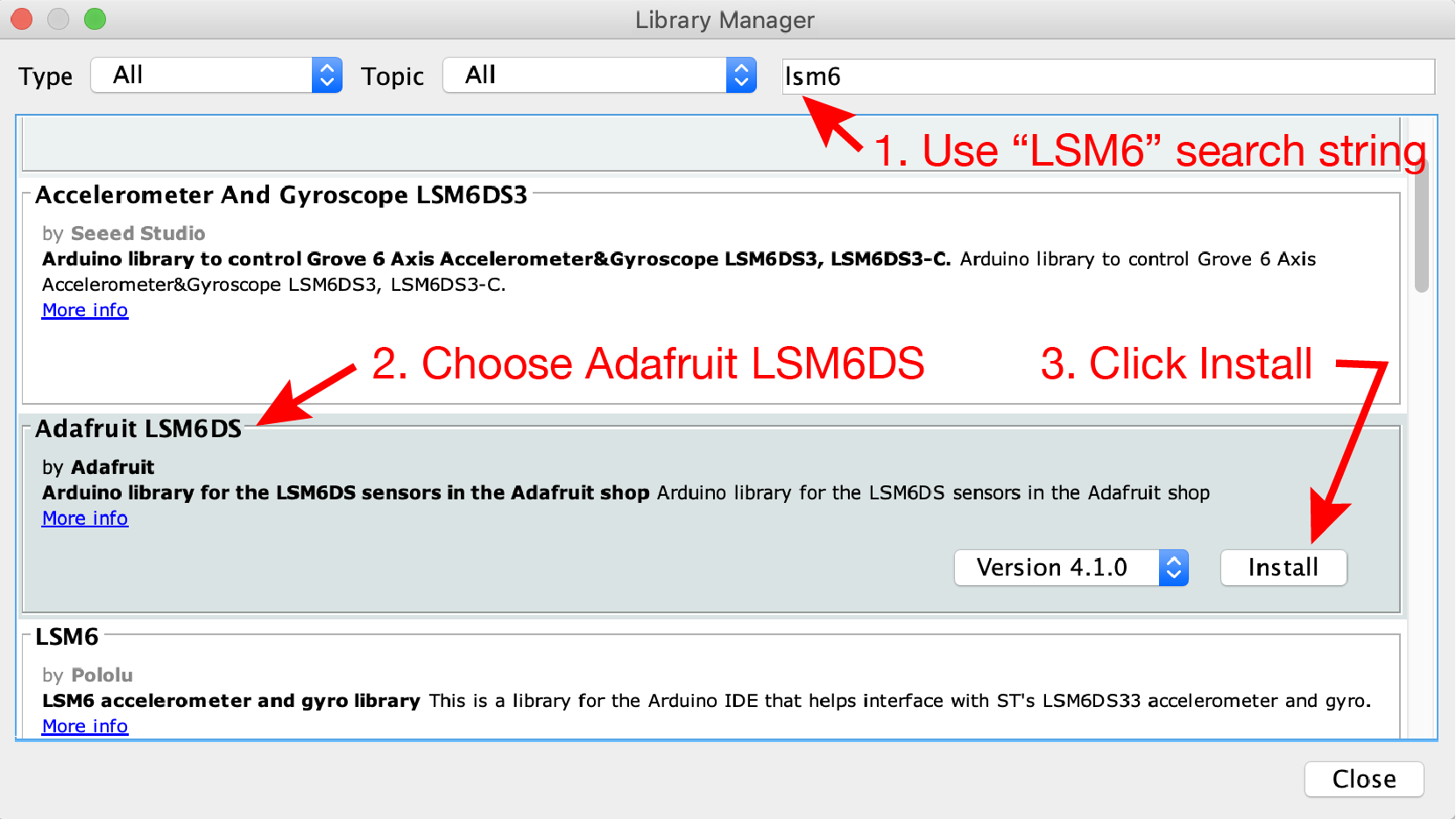 Select and install the Adafruit LSM6DS library