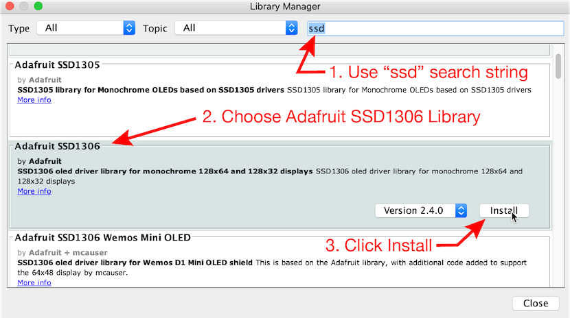 Select and install the Adafruit SSD1306 library