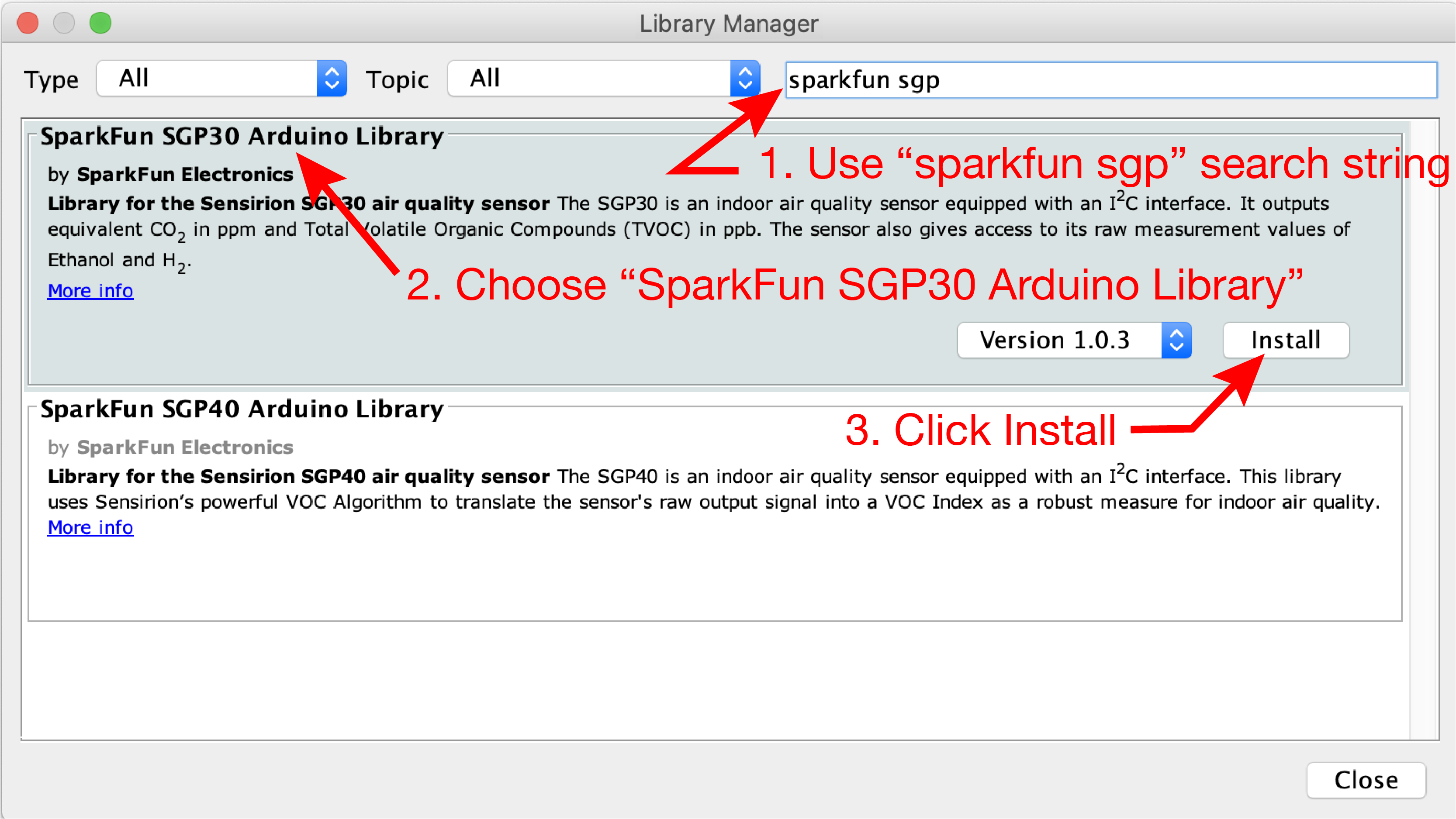 Select and install the SparkFun SGP30 Arduino library