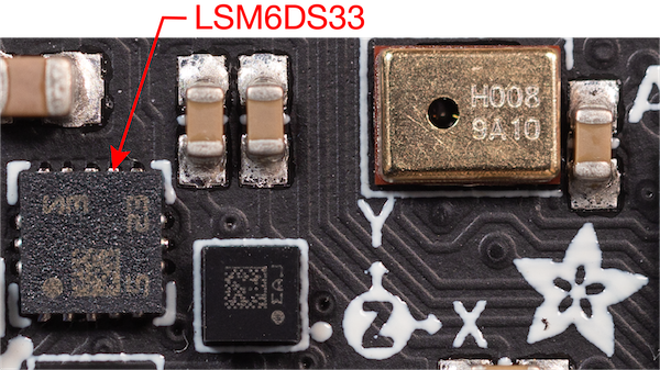 Close-up of LSM6DS33 on the Feather nRF52840